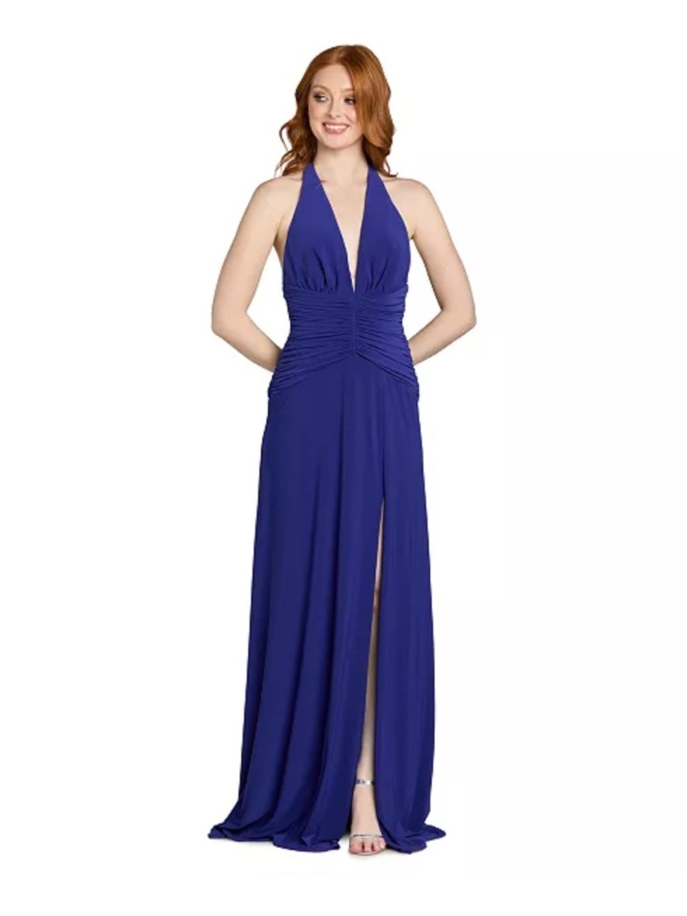Morgan & Co. Royal Blue Backless Halter Ruched Waist Gown